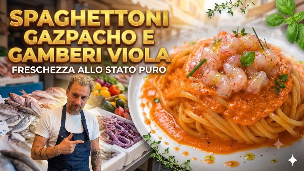 Pasta estiva con con Gazpacho di pomodoro e gambero viola