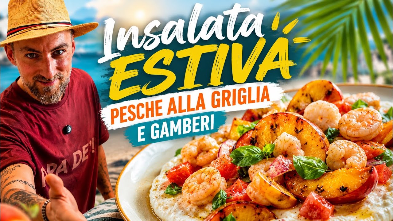Insalata estiva con pesche alla griglia gamberi,provatela è INCREDIBILE☀️ 