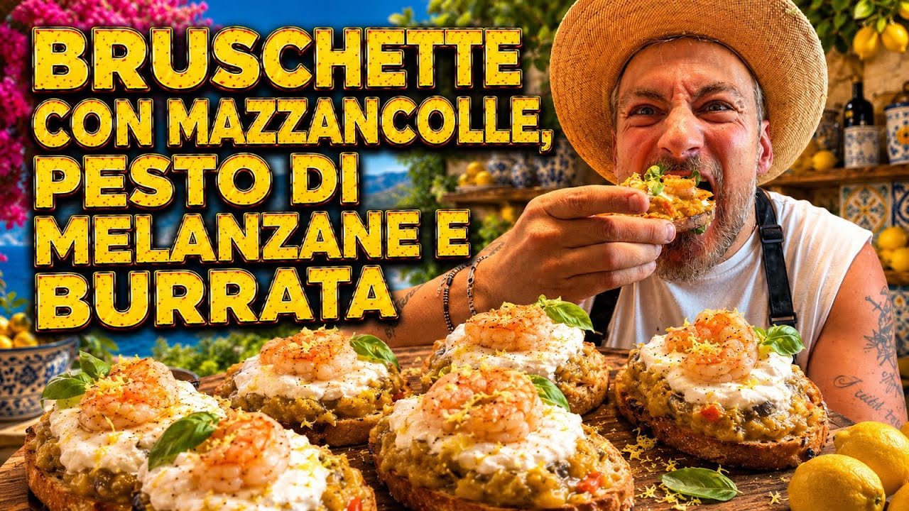 Crostone con mazzancolle,pesto di melanzane e burrata 